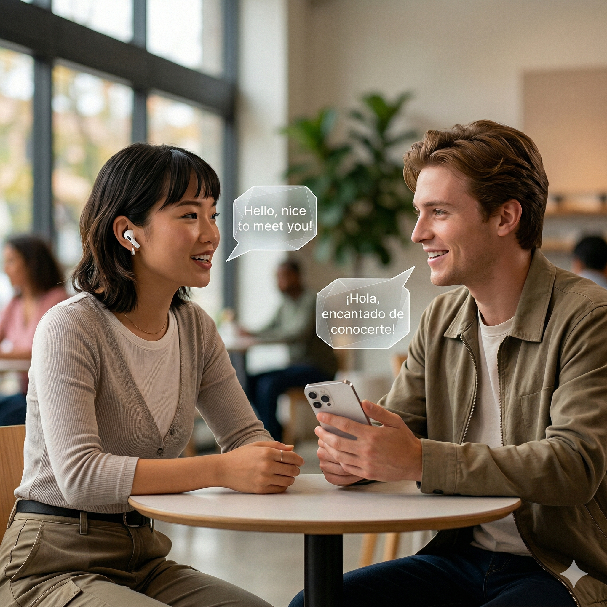 Two people in conversation — she wears AirPods and hears the translation privately, he speaks Spanish